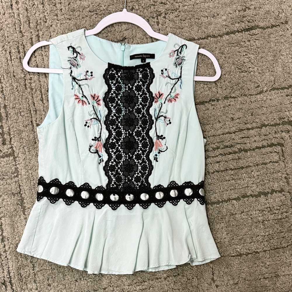 Nanette Lepore Light Blue Embroidered Blouse